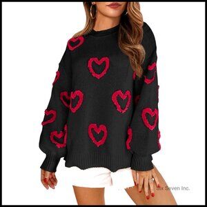 Fuzzy Heart Sweater Oversized Y2K Knit Pullover Long Sleeve Crew Neck Tops